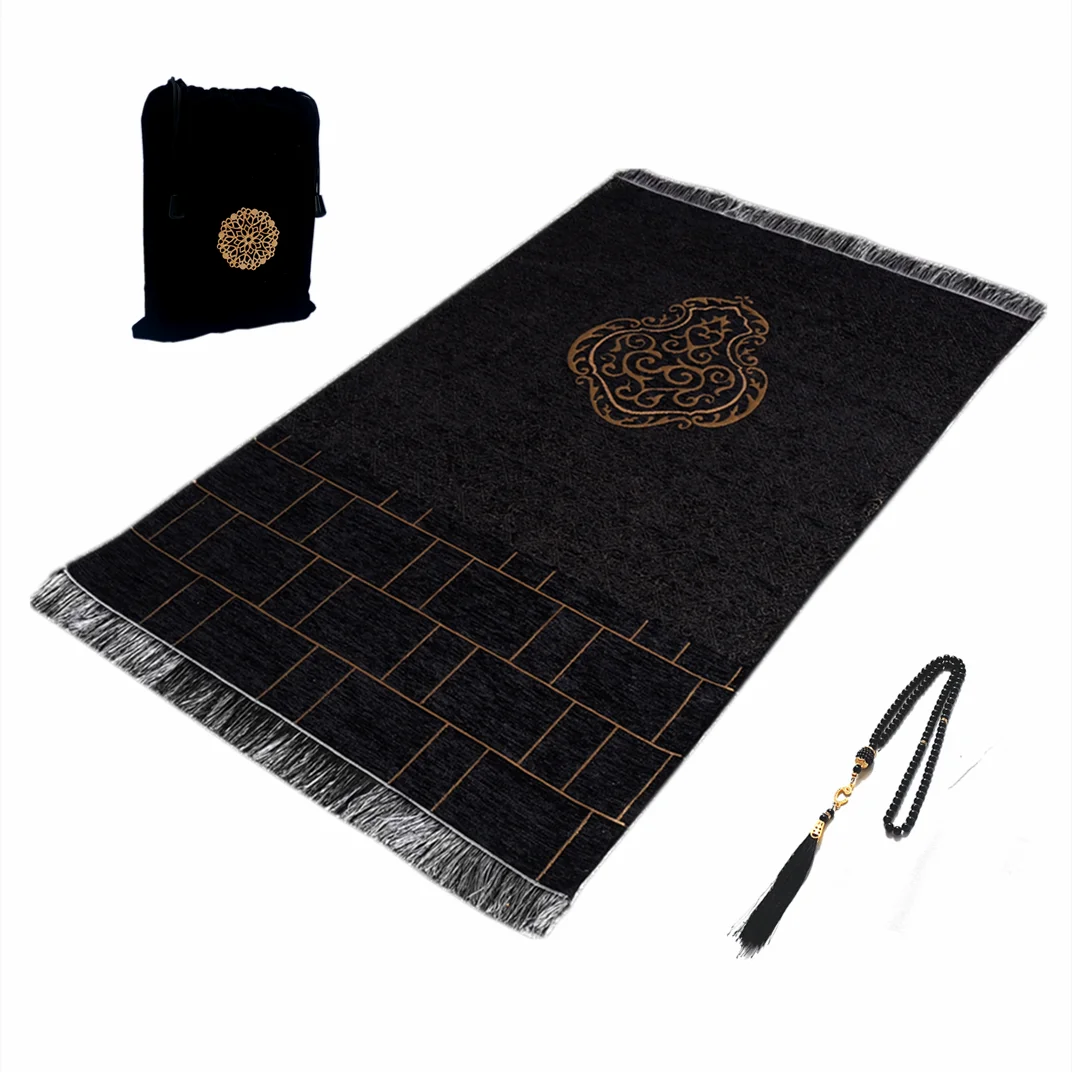 Turkish Black Chenille Muslim Prayer Rug